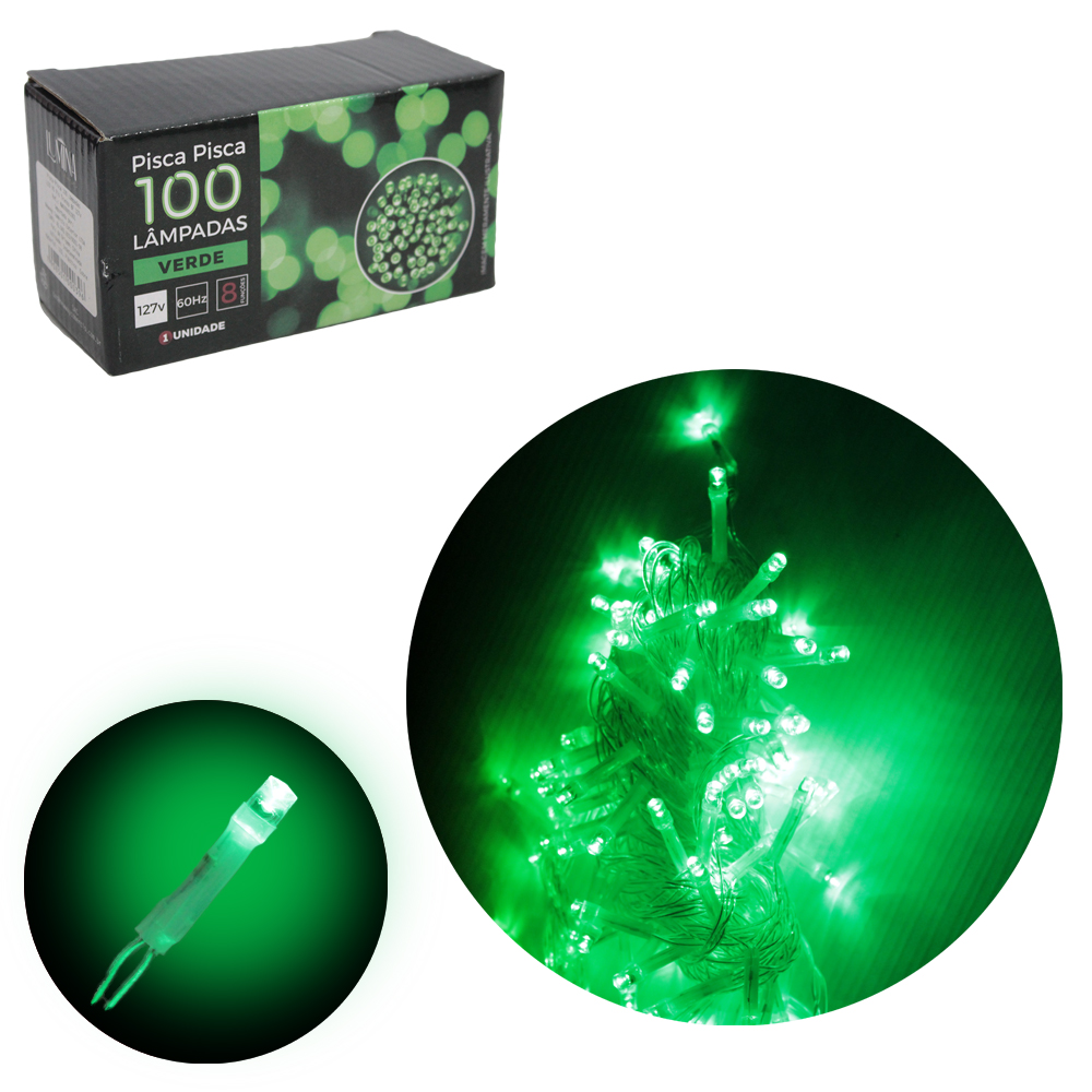 PISCA 100 LEDS VERDE 127V 60HZ 8 FUNCOES 9M FIO TRANSPARENTE