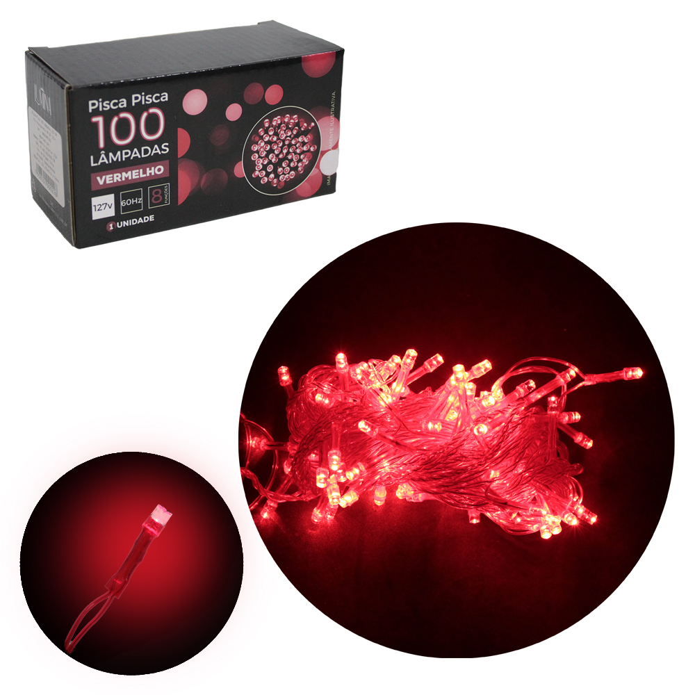 PISCA 100 LEDS VERMELHO 127V 60HZ 8 FUNCOES 9M FIO TRANSPARENTE VERMELHO
