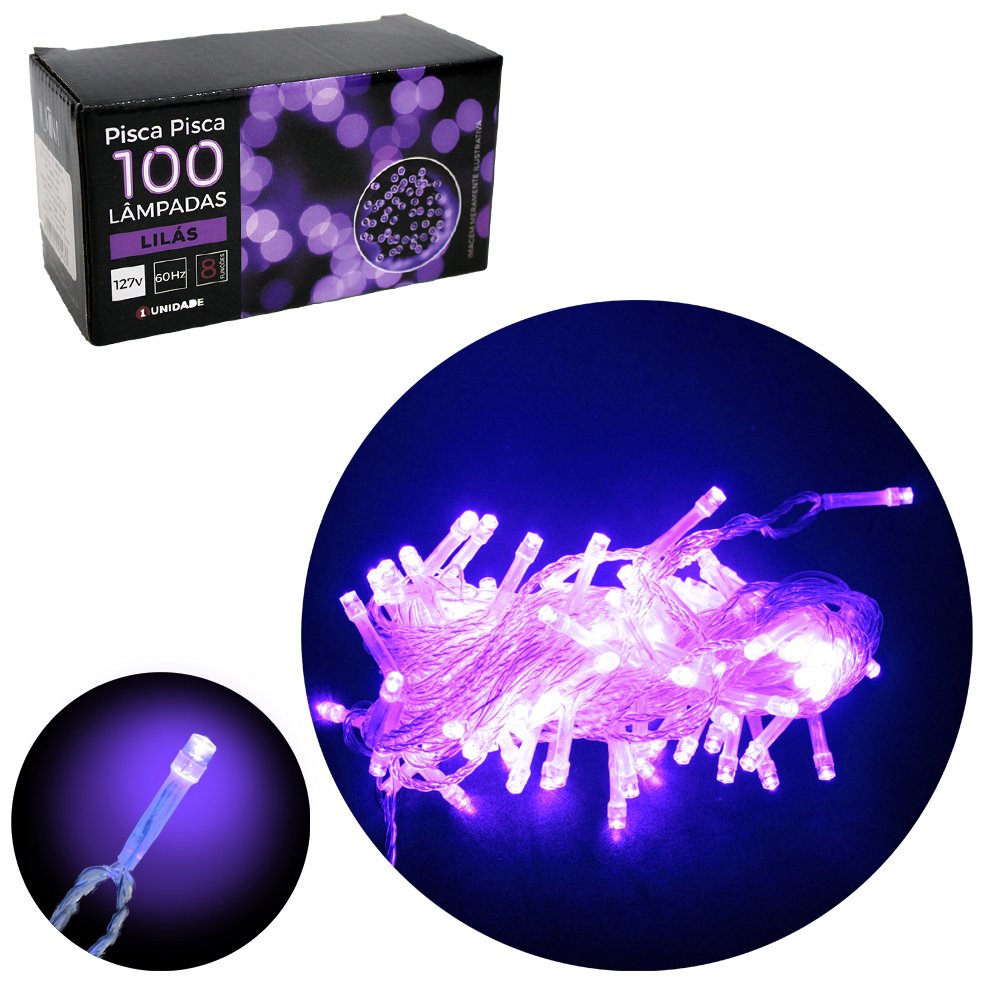 PISCA 100 LEDS LILAS 127V 60HZ 8 FUNCOES 9M FIO TRANSPARENTE