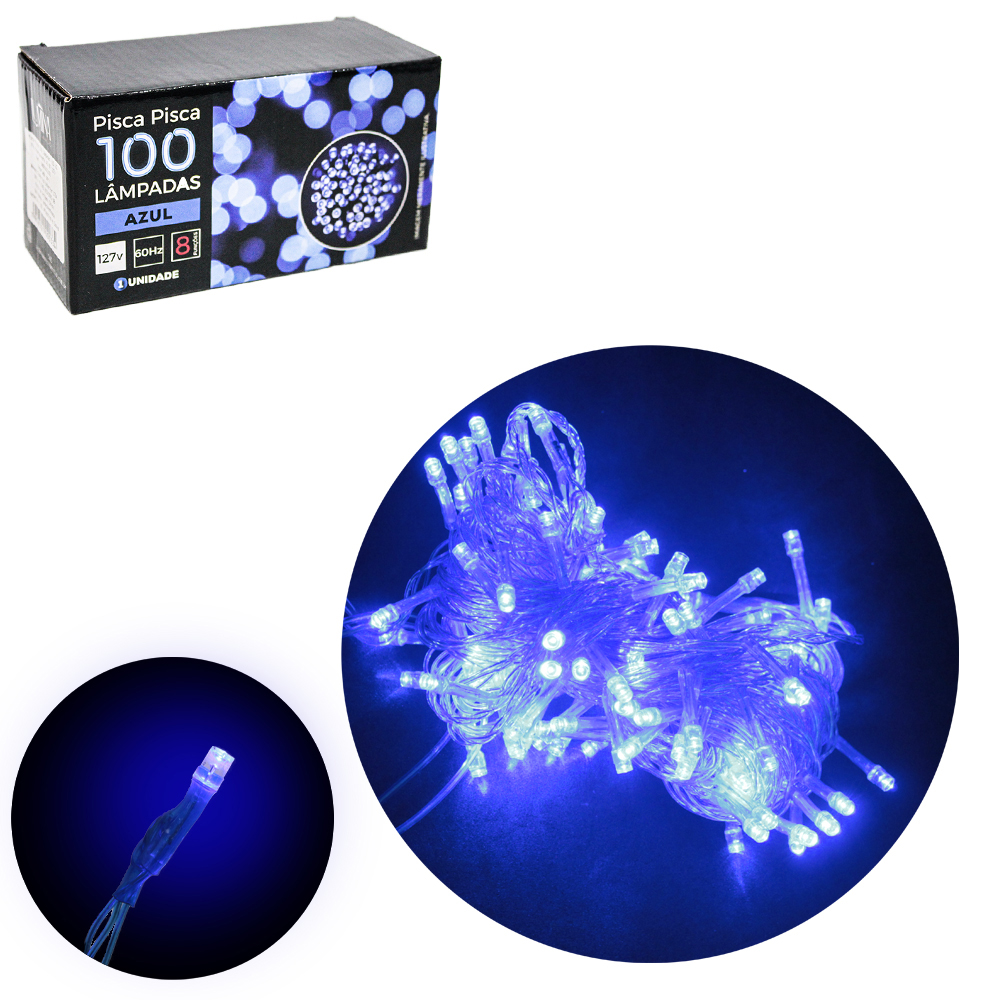 PISCA 100 LEDS AZUL 127V 60HZ 8 FUNCOES 9M FIO TRANSPARENTE AZUL