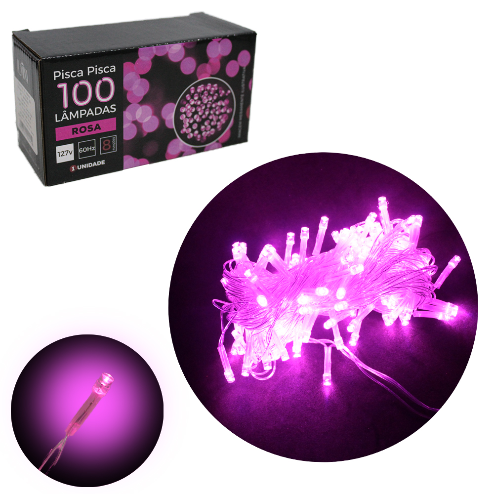 PISCA 100 LEDS ROSA 127V 60HZ 8 FUNCOES 9M FIO TRANSPARENTE