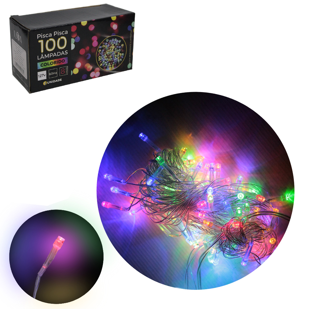 PISCA 100 LEDS COLORS 127V 60HZ 8 FUNCOES 9M FIO TRANSPARENTE
