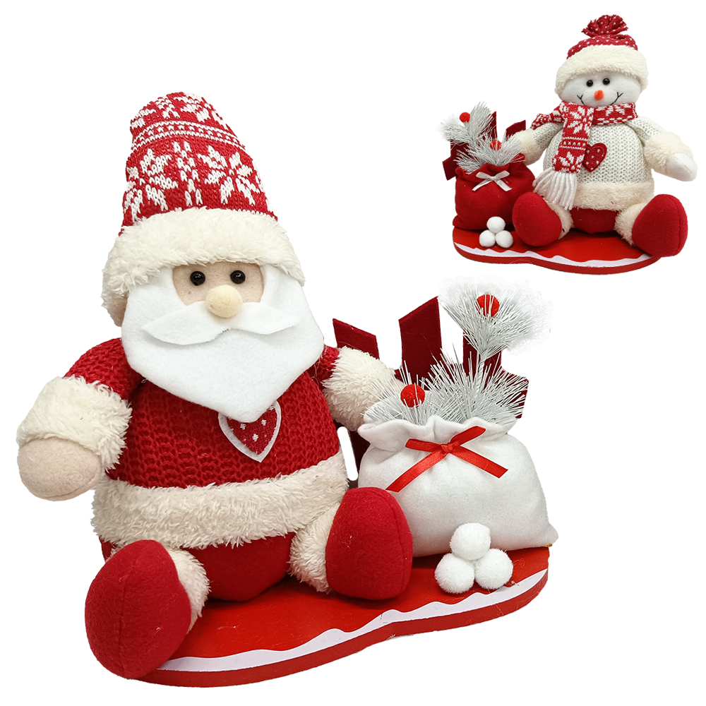 ENFEITE PAPAI NOEL / BONECO DE NEVE DE PELUCIA COM CERCA + SACO DE PRESENTES VERMELHO E BRANCO 28X25CM