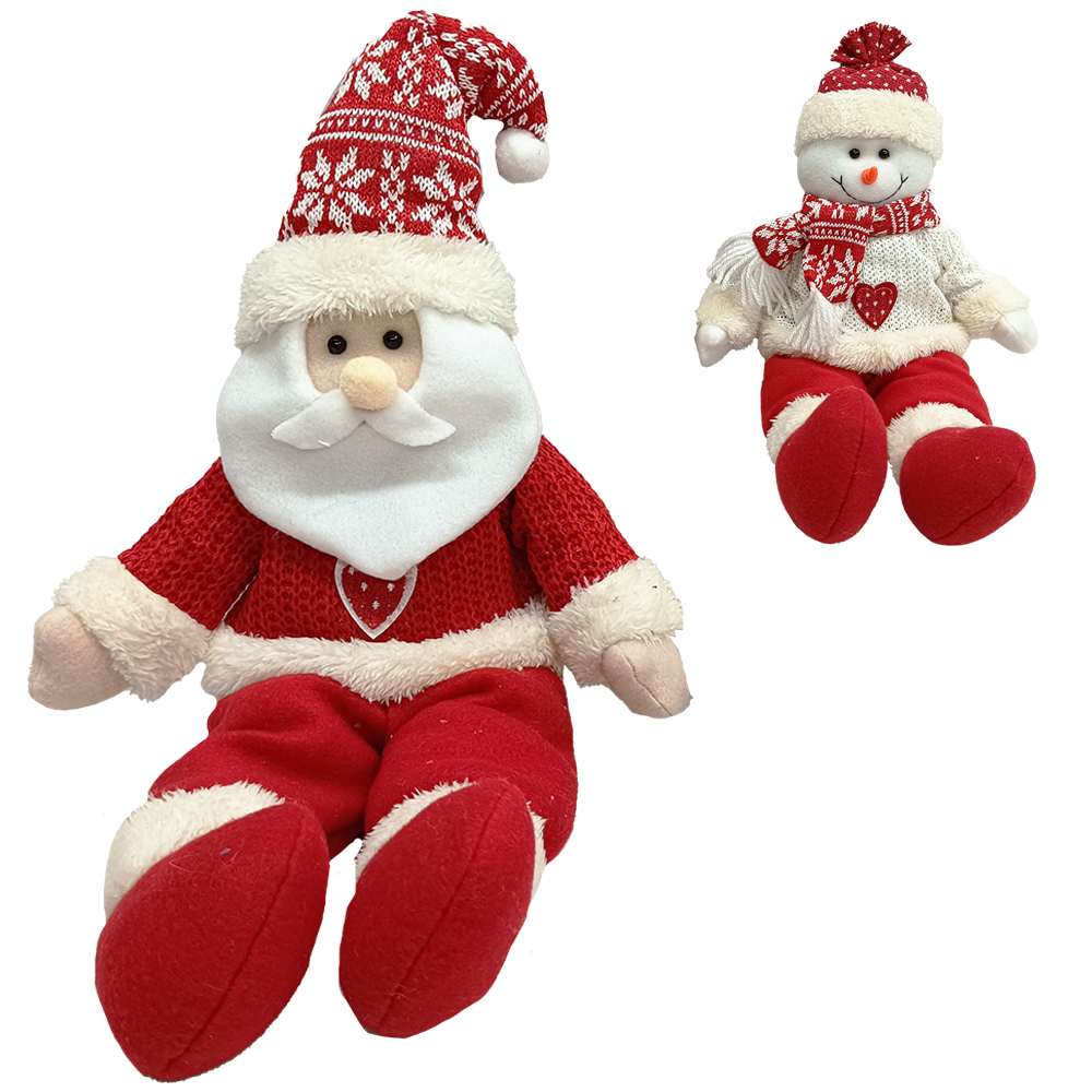 PAPAI NOEL / BONECO DE NEVE DE PELUCIA SENTADO VERMELHO E BRANCO 40CM