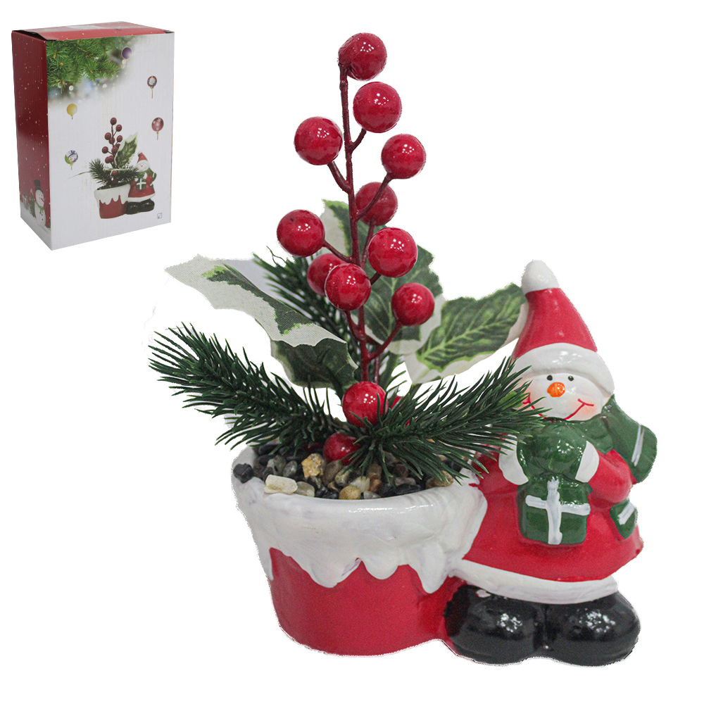 FLOR ARTIFICIAL COM PAPAI NOEL / BONECO DE NEVE DE PORCELANA 19X11X5,5CM