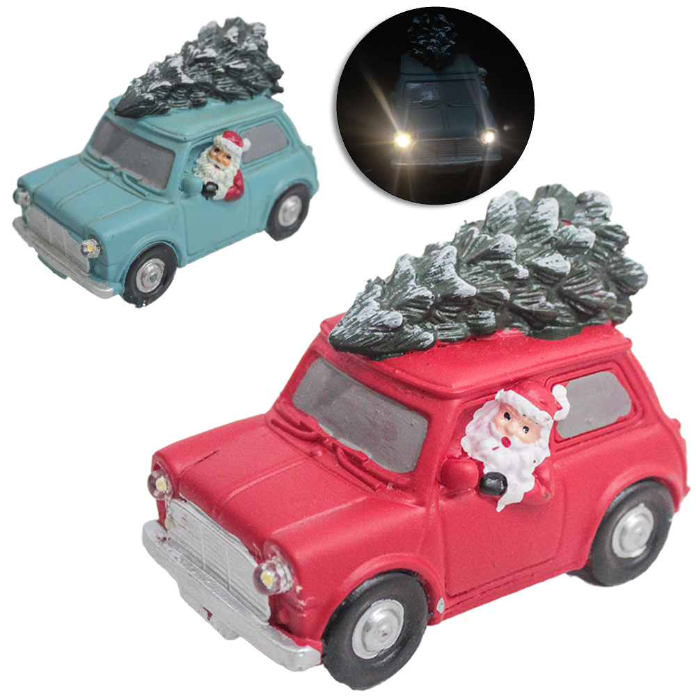 CARRO DE RESINA COM PAPAI NOEL E ARVORE E LED A PILHA 8,5X4,5CM