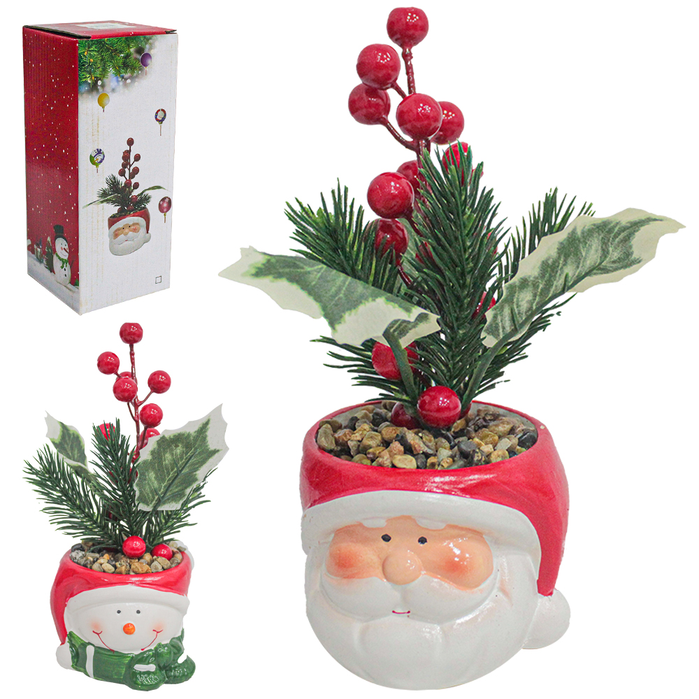 FLOR ARTIFICIAL CABECA PAPAI NOEL / BONECO DE NEVE DE PORCELANA 18,5X7X6CM