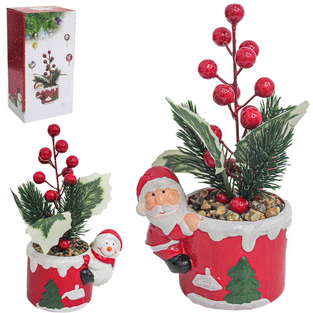 FLOR ARTIFICIAL COM PAPAI NOEL / BONECO DE NEVE DE PORCELANA 18X7X6CM