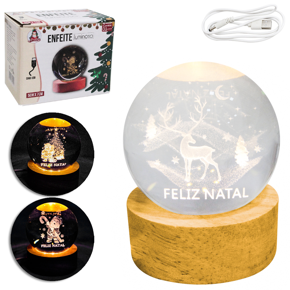 ENFEITE LUMINOSO DECORATIVO ESFERA DE VIDRO NATAL COM BASE DE MADEIRA + 6 LEDS USB