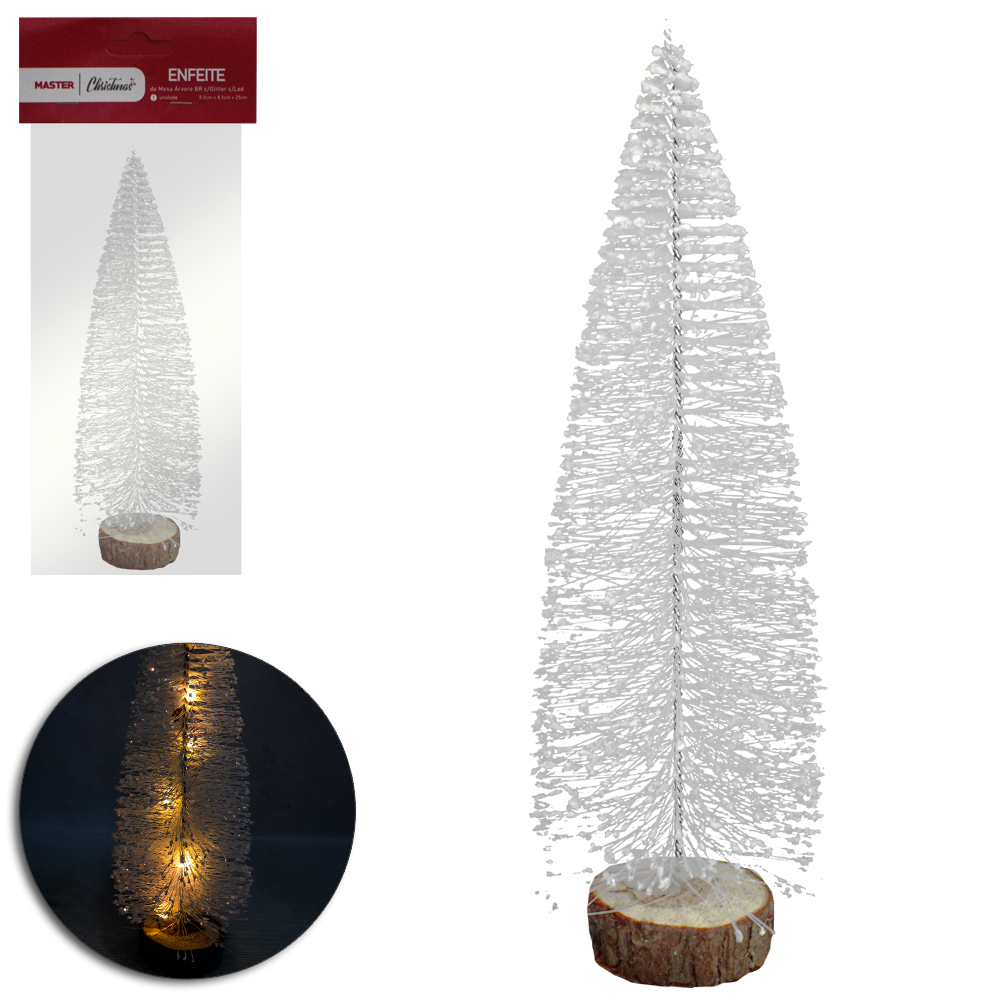 ENFEITE ARVORE DE NATAL BRANCA COM GLITTER + SUPORTE DE MADEIRA E LED A BATERIA 25X8,5CM DE Ø