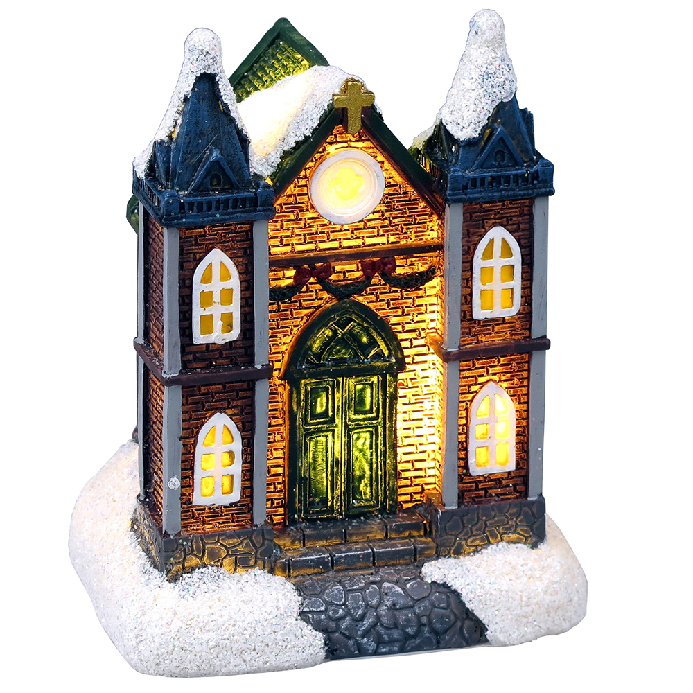 ENFEITE IGREJA DE RESINA COM LUZ A PILHA 11X8,5X6,5CM