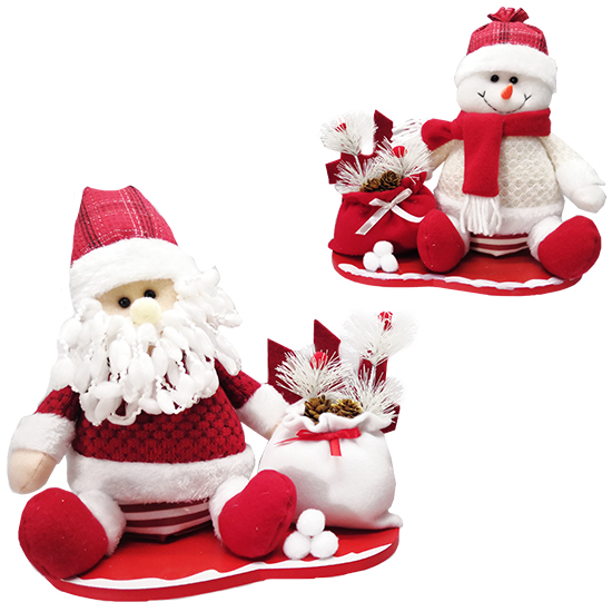 ENFEITE PAPAI NOEL / BONECO DE NEVE COM CERCA + SACO DE PRESENTES 28X25CM