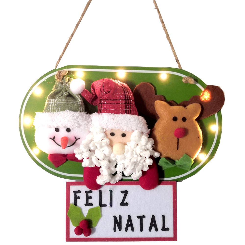 ENFEITE PENDURAR PLACA FELIZ NATAL COM PAPAI NOEL / BONECO / RENA + 9 LEDS A PILHA 30X28CM