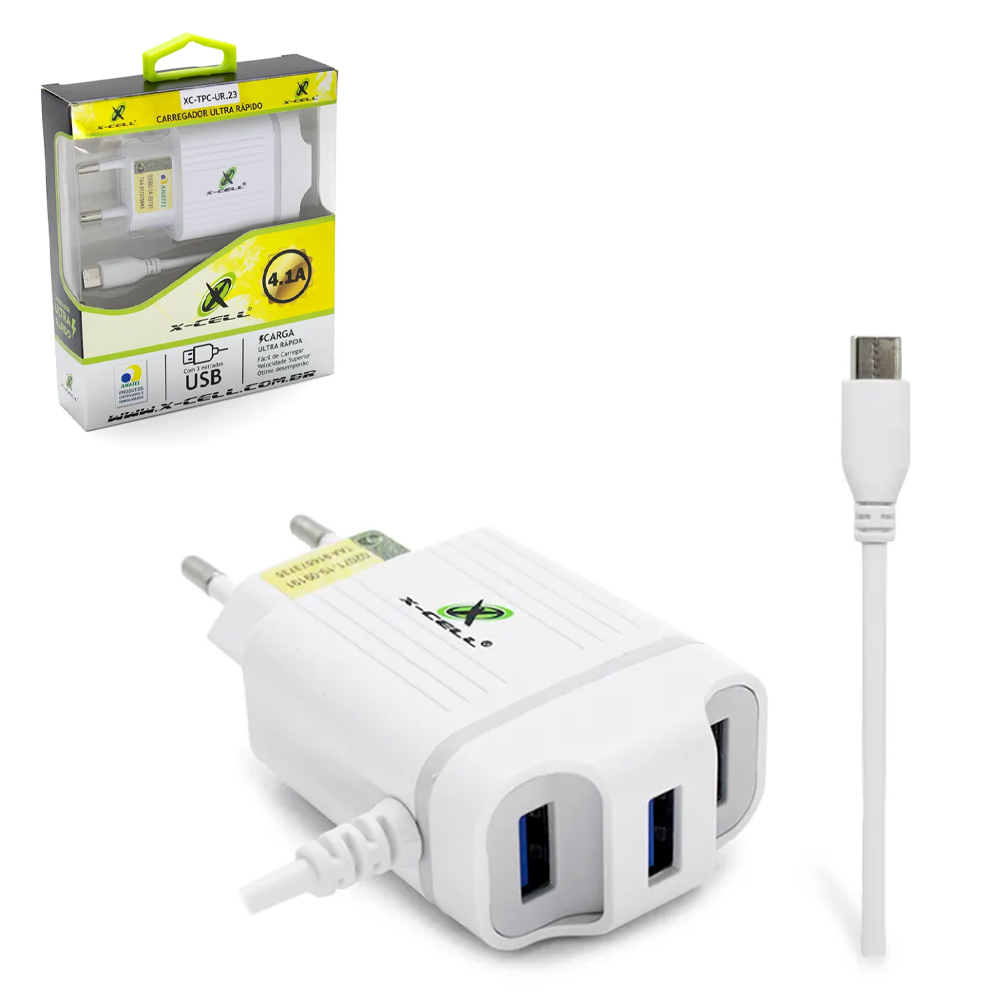 CARREGADOR DE TOMADA BIVOLT ULTRA RAPIDO 3 SAIDAS USB 4.1A E CABO TIPO C X-CELL 1M