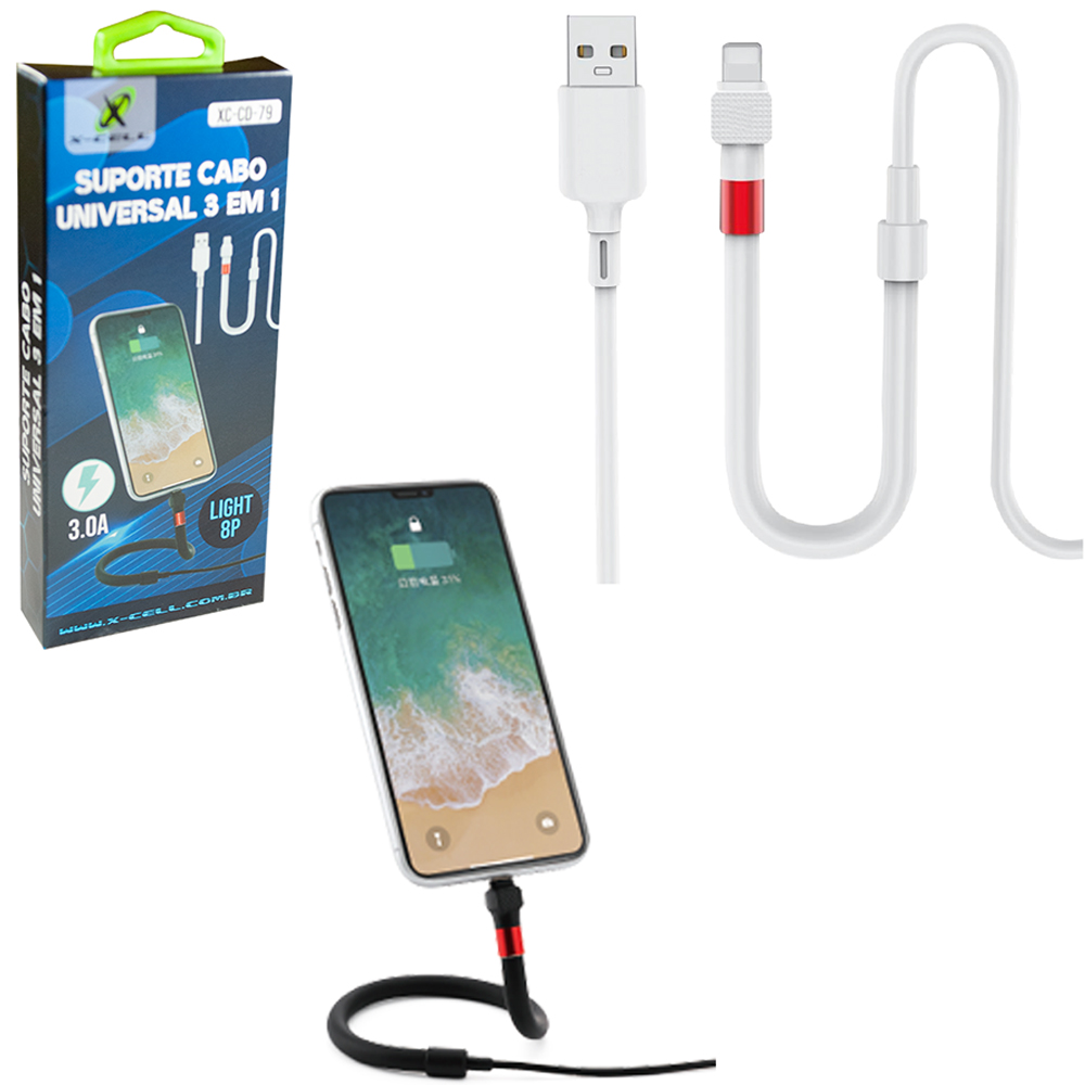 SUPORTE CABO PARA CELULAR 3 EM 1 LIGHT USB X IP5/6/7/8/X 3,0A X-CELL 1,2M