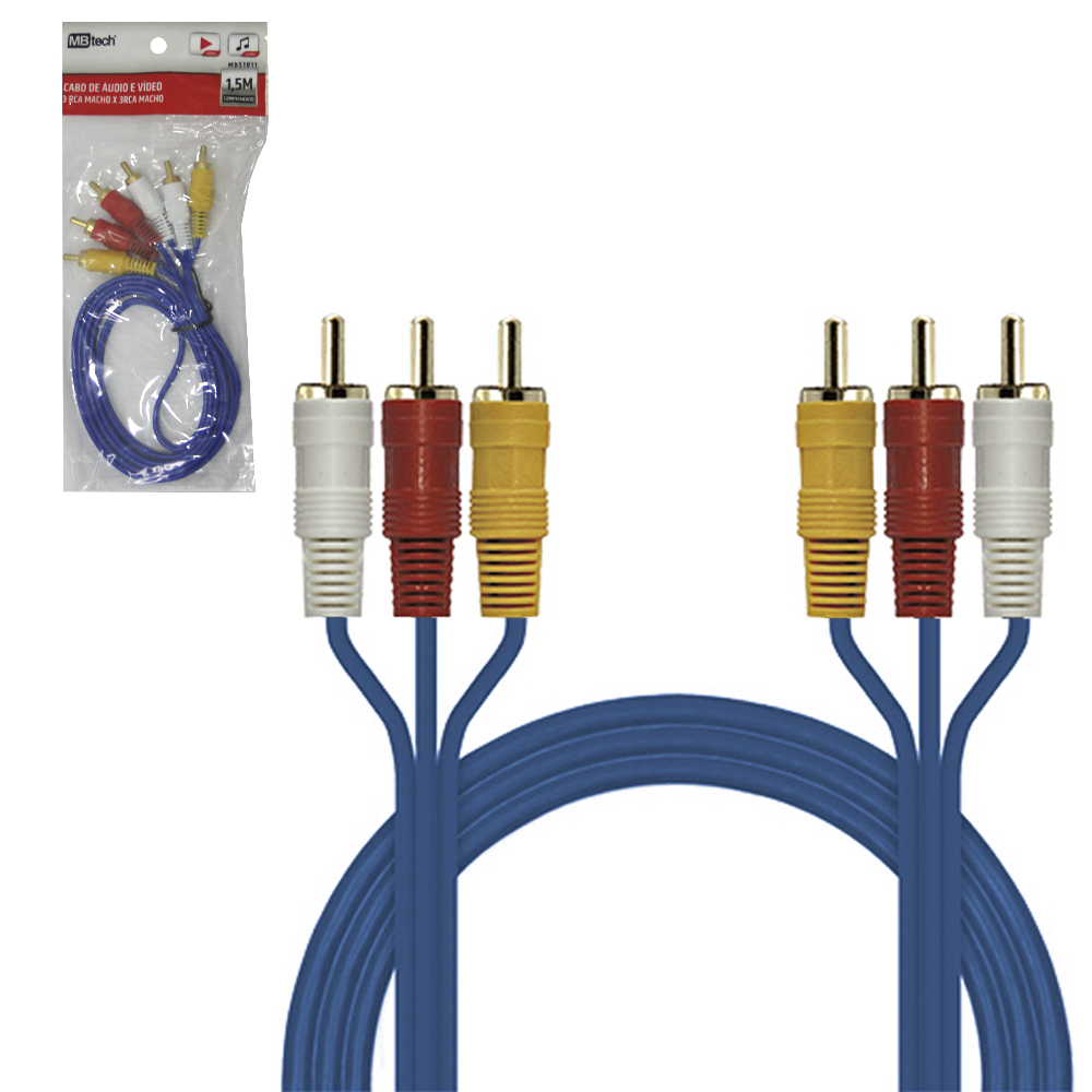 CABO DE AUDIO E VIDEO 3RCA MACHO X 3RCA MACHO AZUL 1,5M