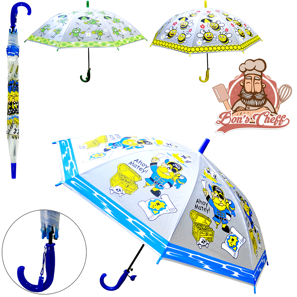 GUARDA CHUVA INFANTIL DE POLIESTER AUTOMATICO ESTAMPAS SORTIDAS 8 VARETAS CABO CURVO 96CM DE Ø