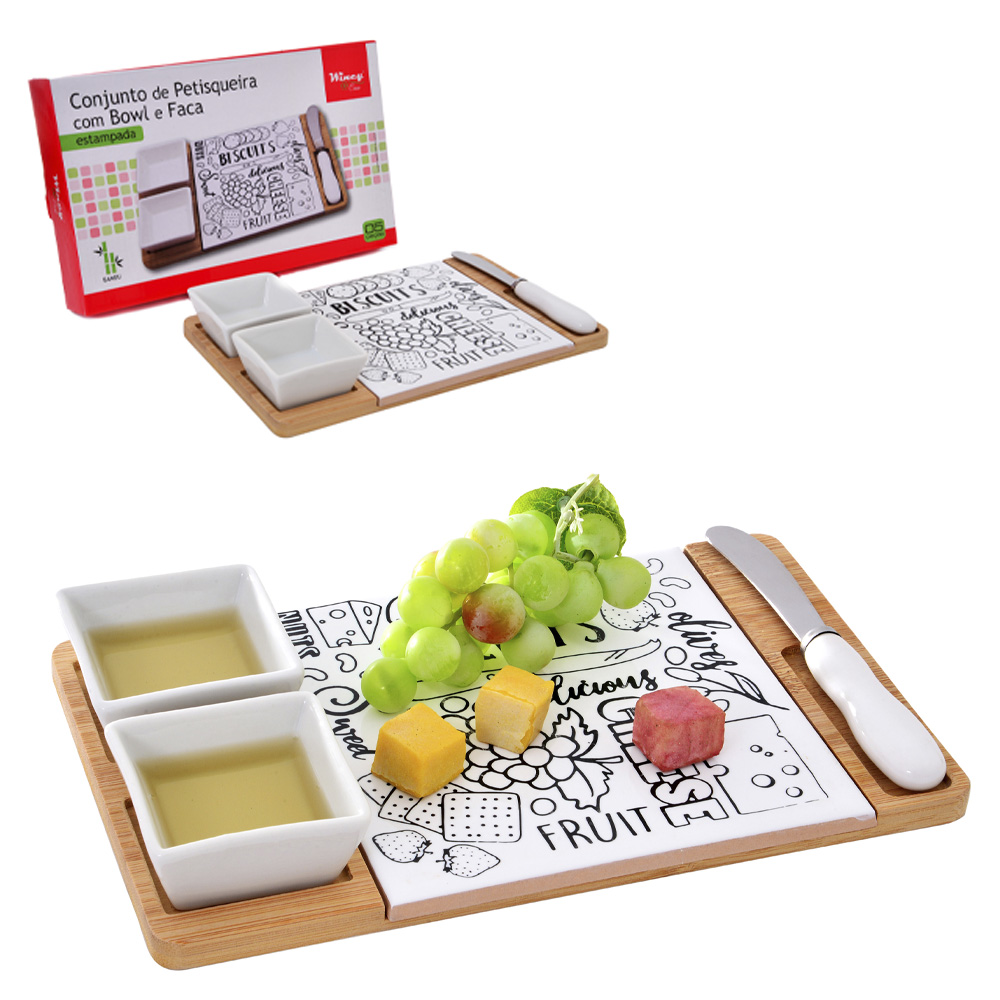 CONJUNTO PETISQUEIRA DE PORCELANA 2 PECAS 50ML + FACA INOX E TABUA BAMBU 25X15CM