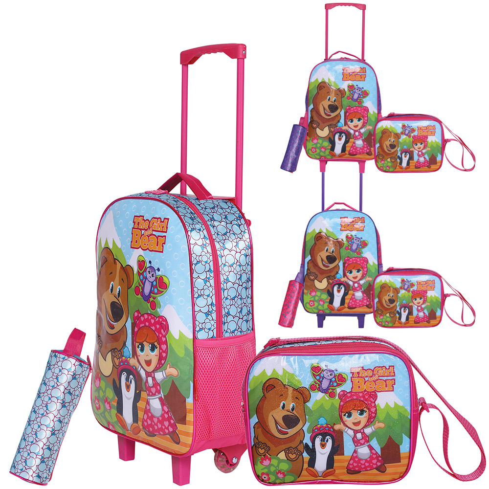MOCHILA INFANTIL FEMININA COM CARRINHO 16'' + LANCHEIRA 8'' E ESTOJO STANDARD THE GIRL BEAR 