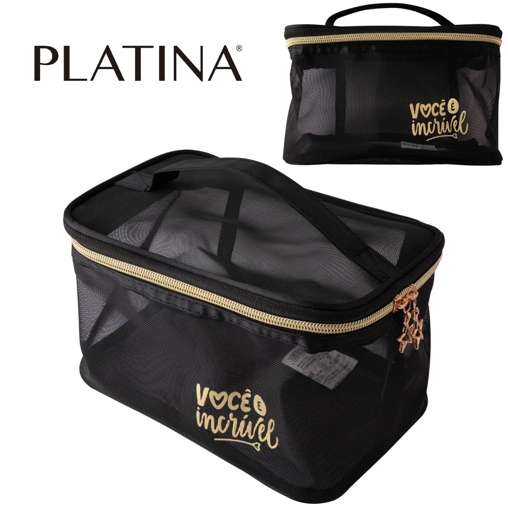 NECESSAIRE DE NYLON OVAL FEMININA VOCE E INCRIVEL COM ALCA + ZIPER PLATINA 21,5X14X13CM 