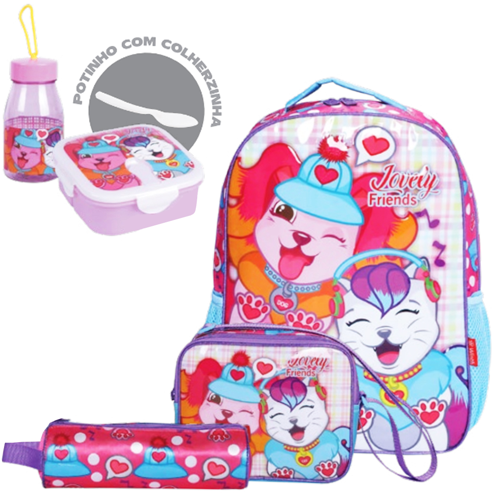 KIT MOCHILA INFANTIL FEMININA 17'' + LANCHEIRA + ACESSORIOS STANDARD LOVELY FRIENDS 6 PECAS 