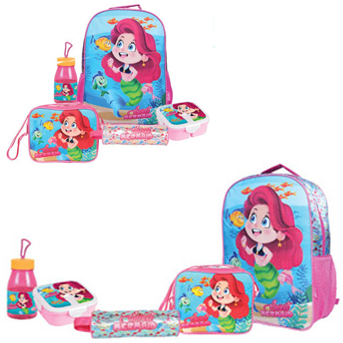 KIT MOCHILA INFANTIL FEMININA 17'' COM LANCHEIRA + ACESSORIOS STANDARD MERMAID 6 PECAS