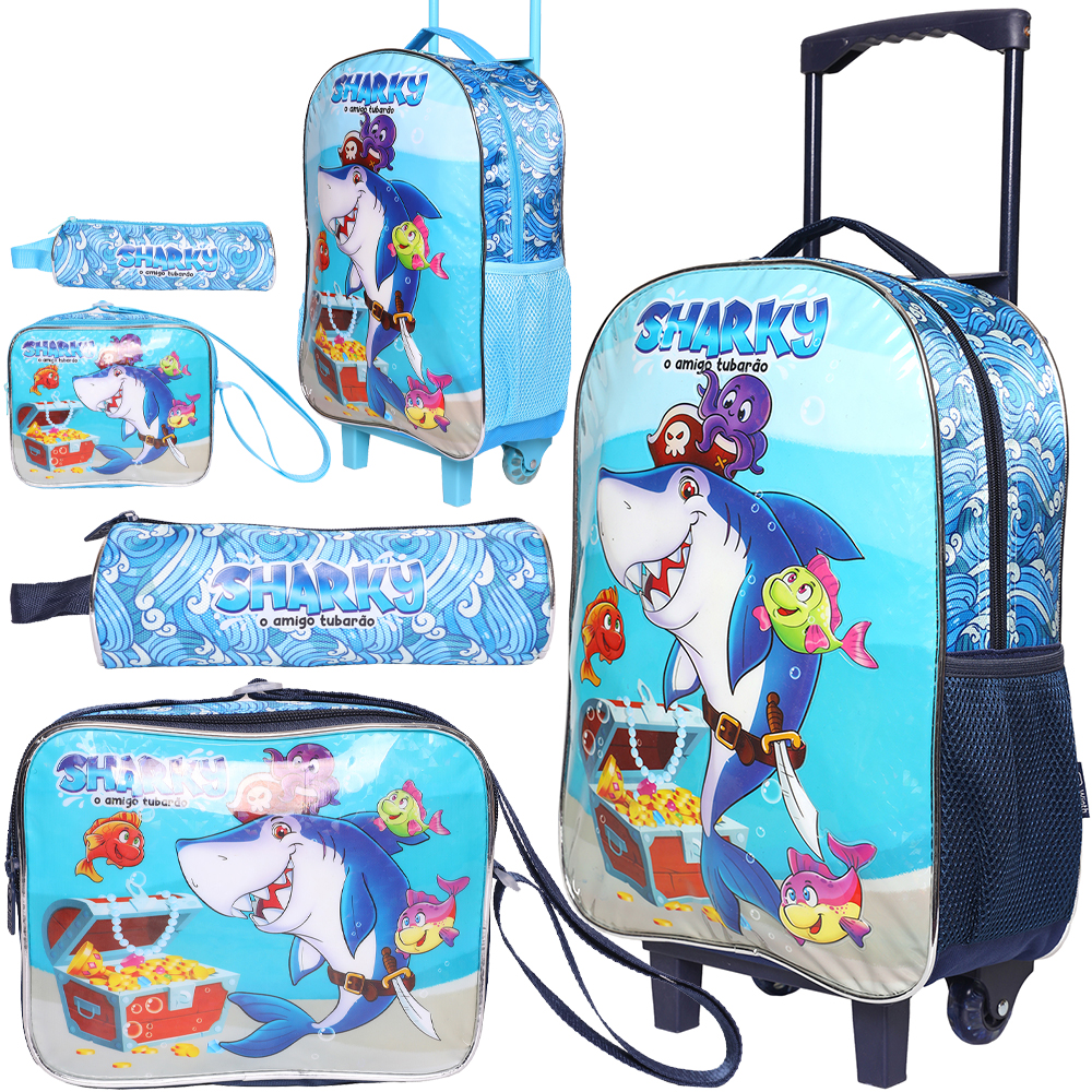 KIT MOCHILA INFANTIL MASCULINA COM CARRINHO 16'' + LANCHEIRA 10'' E ESTOJO SHARKY