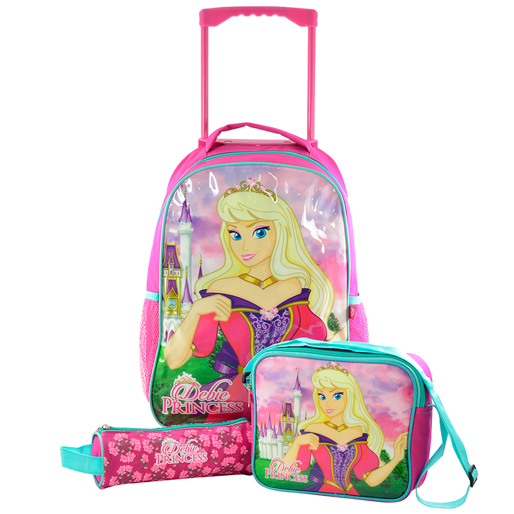 KIT MOCHILA INFANTIL FEMININA CARRINHO 16'' + LANCHEIRA 10'' E ESTOJO DEBIE PRINCESS