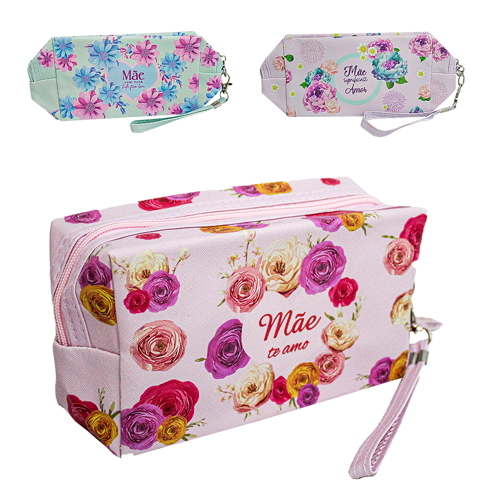 NECESSAIRE DE PVC RETANGULAR FEMININA FRASES MAE COM ALCA E ZIPER 18X10,5X7CM