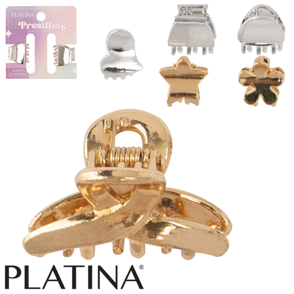 KIT ACESSORIOS PARA CABELO PIRANHA DE METAL PLATINA COM 2 PECAS 1,8X1,8X1,8CM