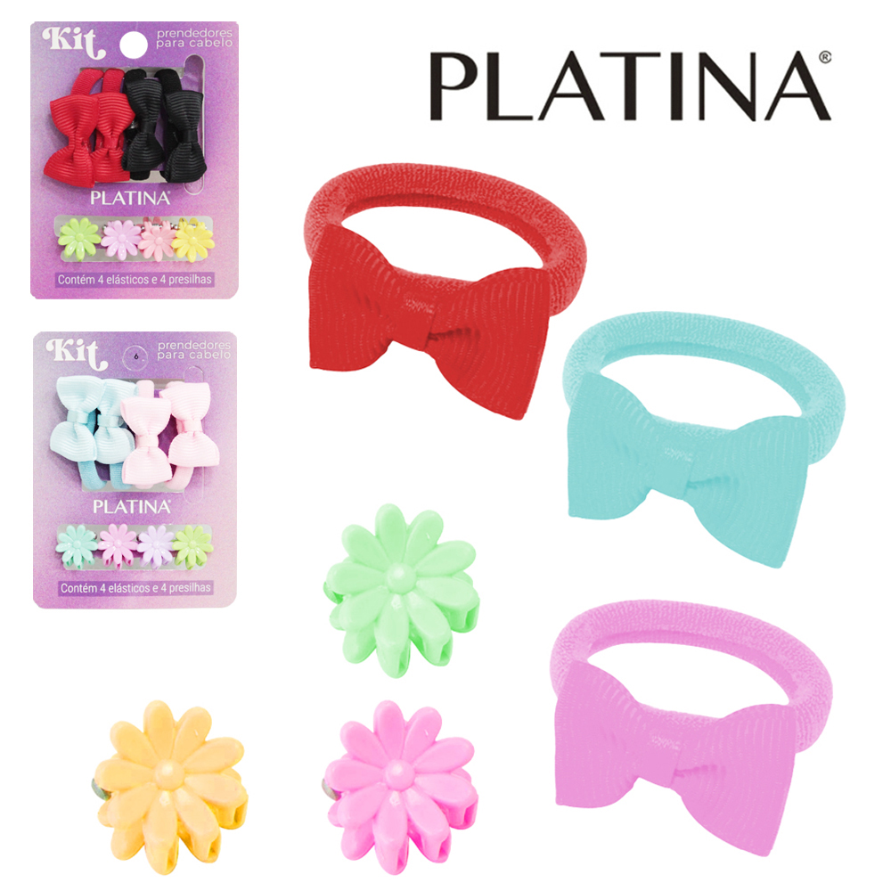KIT ACESSORIOS PARA CABELO ELASTICO / RABICO COM LACO + MINI PIRANHA PLATINA COM 8 PECAS