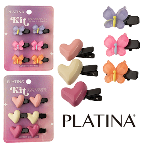 KIT ACESSORIOS PARA CABELO PRESILHA CORACAO / BORBOLETA PLATINA COM 6 PECAS 2,5X2X1CM