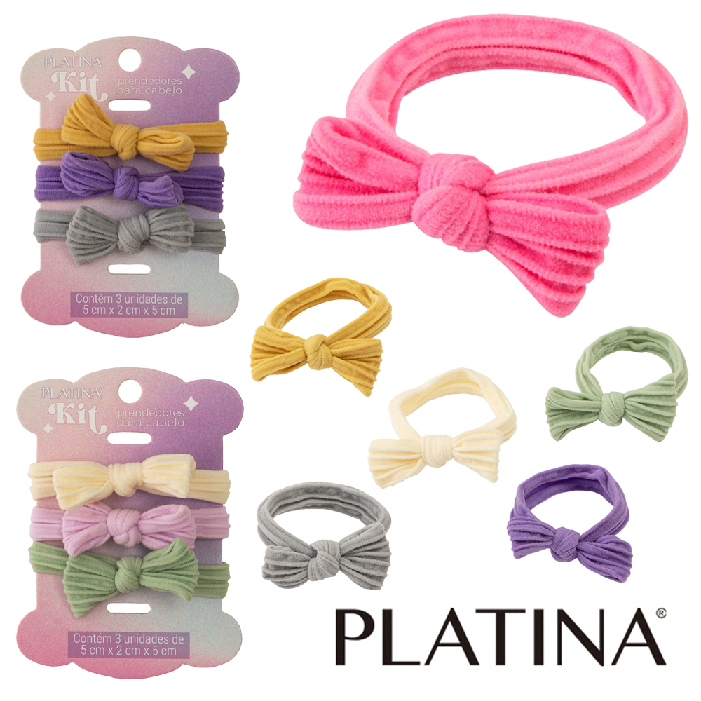KIT ACESSORIOS PARA CABELO ELASTICO / RABICO COM LACO PLATINA COM 3 PECAS 2X5CM DE Ø