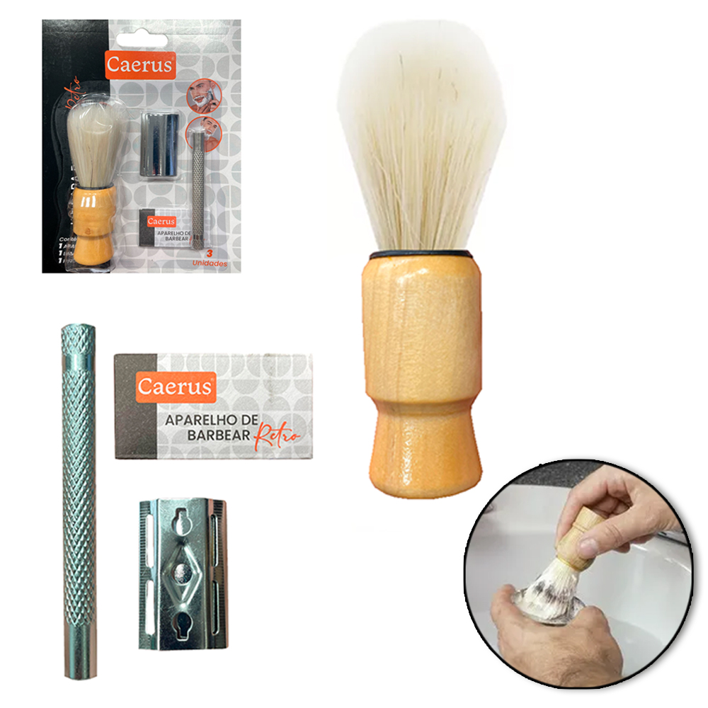 PINCEL PARA BARBEAR CABO MADEIRA COM APARELHO DE BARBEAR / BARBEADOR DE METAL + LAMINA