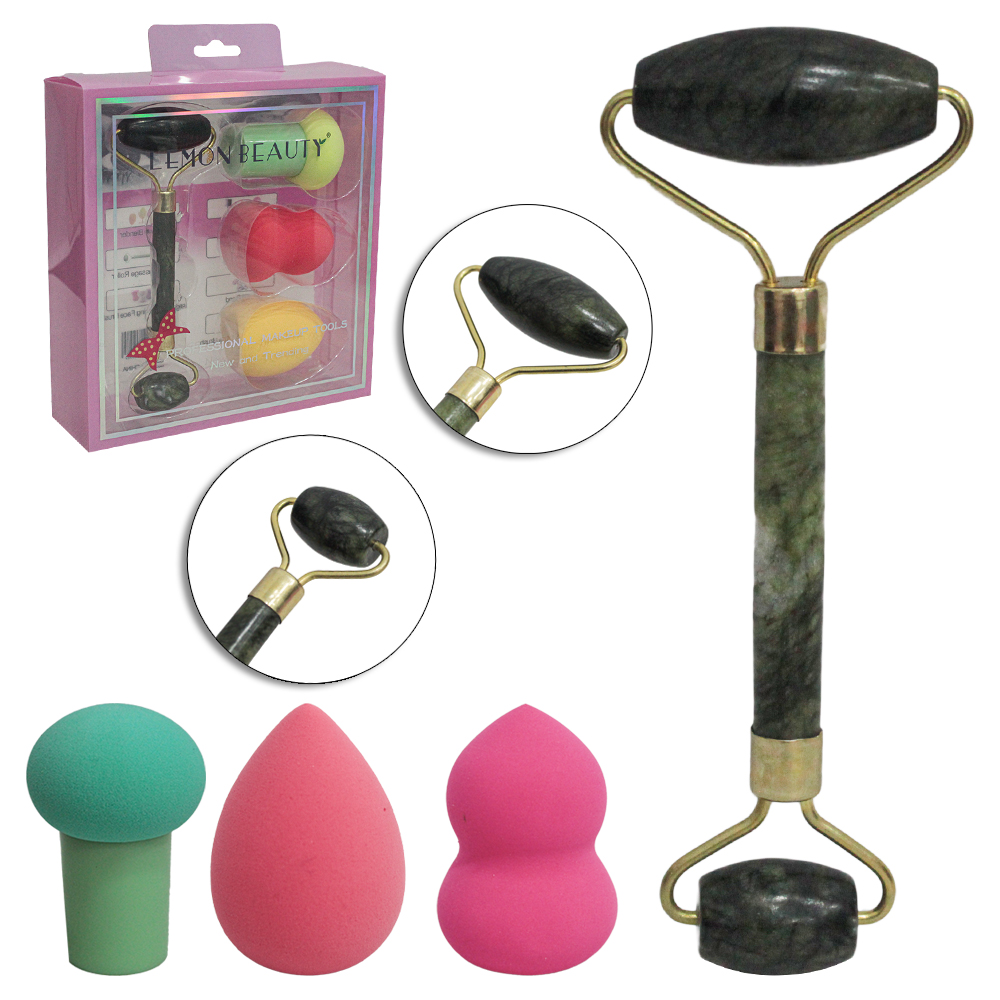 MASSAGEADOR FACIAL COM PEDRA PARA ORELHA ROLLER + 3 ESPONJAS PARA MAQUIAGEM LEMON BEAUTY