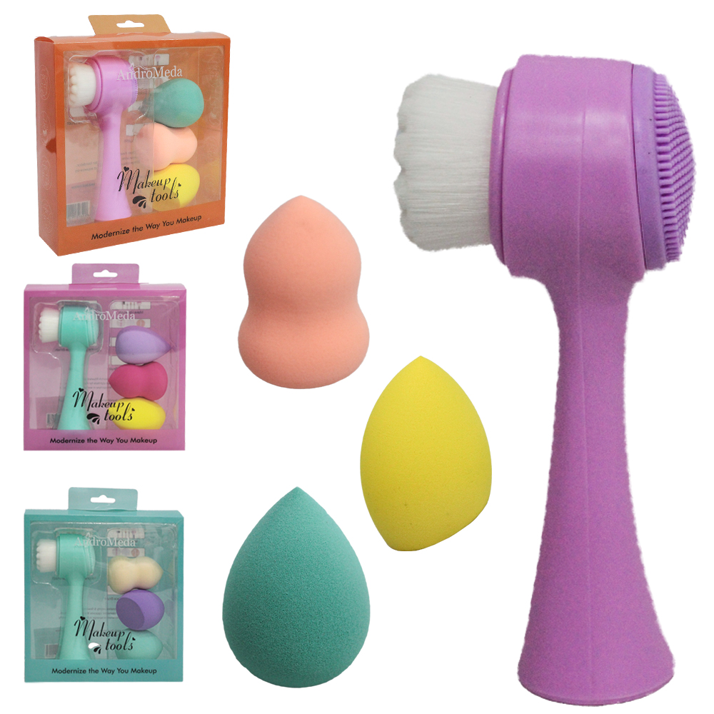 ESCOVA LIMPEZA FACIAL 2 EM 1 COM ESPONJA MASSAGEADORA SILICONE + 3 ESPONJAS PARA MAQUIAGEM GOTA MAKEUP TOOLS