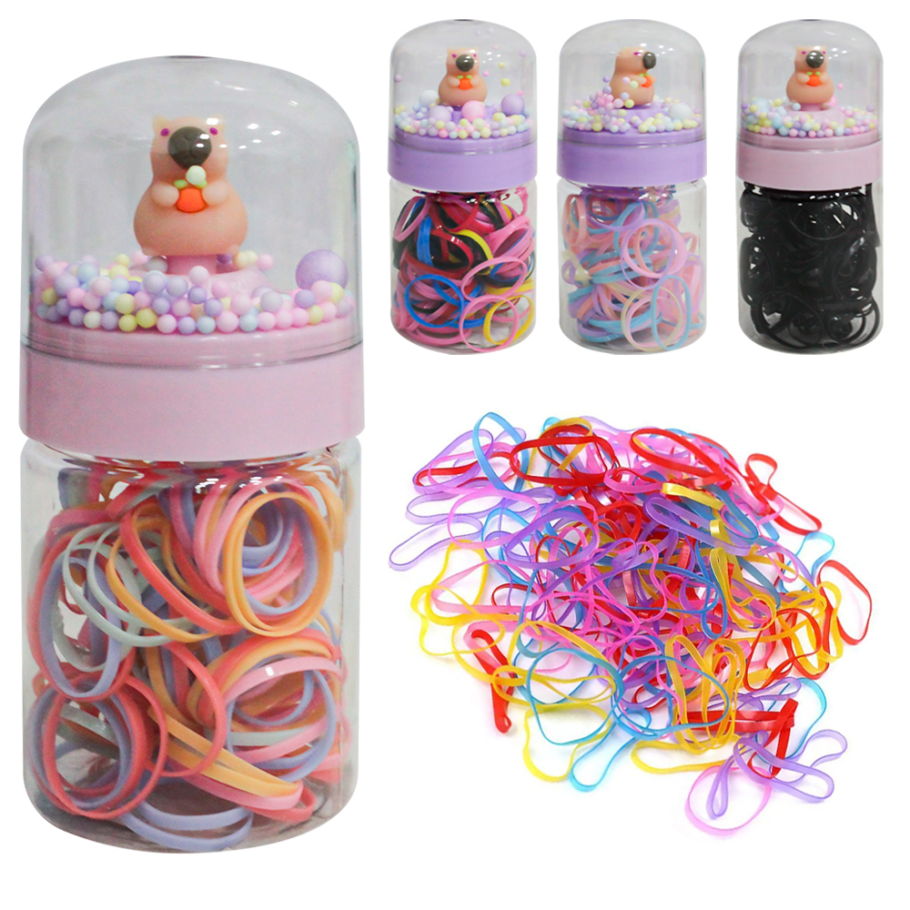 KIT ACESSORIOS PARA CABELO ELASTICO / RABICO DE SILICONE COM 150 PECAS 2CM DE Ø NO POTE CAPIVARA
