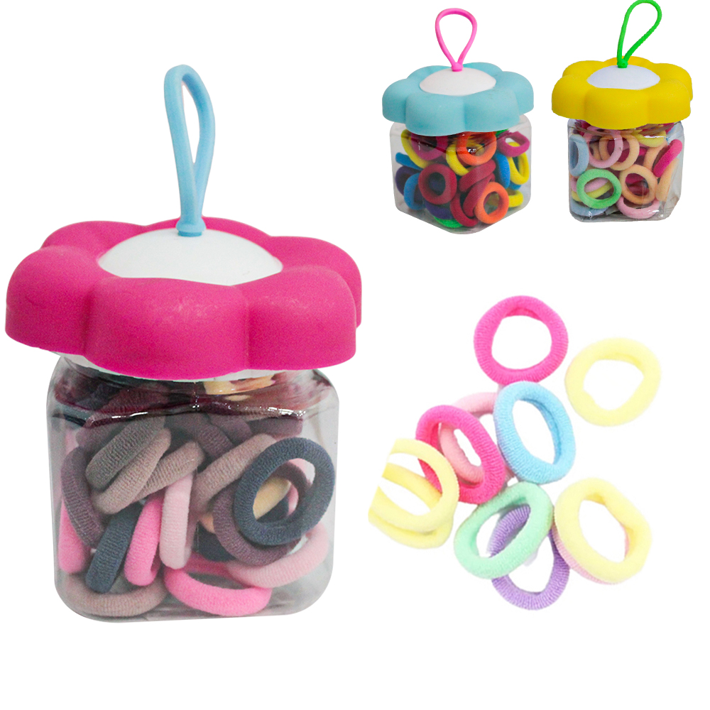 KIT ACESSORIOS PARA CABELO ELASTICO / RABICO COM 50 PECAS 2CM DE Ø NO POTE FLOR