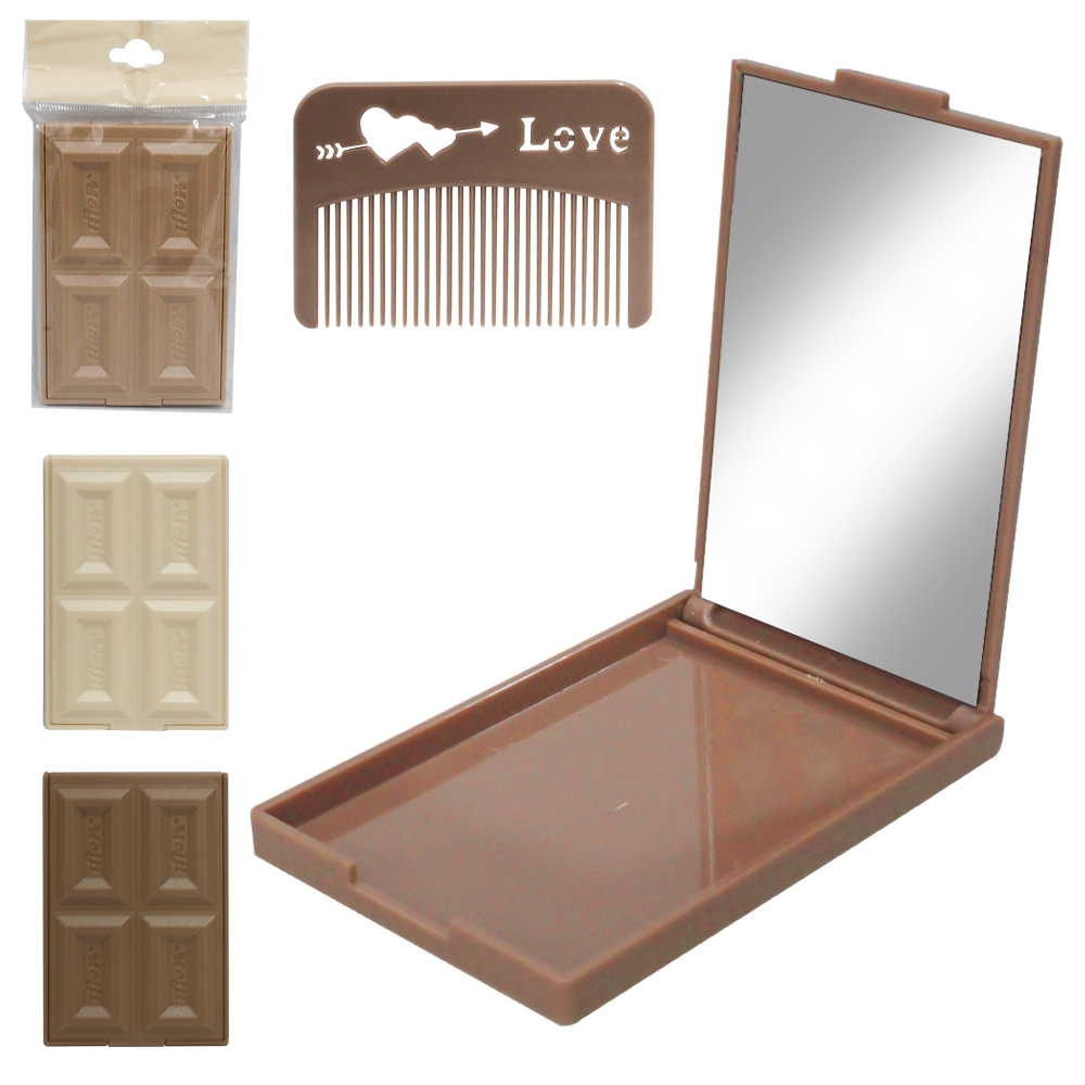 ESPELHO DE BOLSA RETANGULAR COM PENTE CHOCOLATE 10X6,5CM