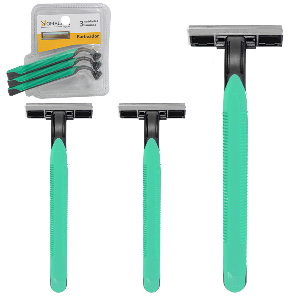 APARELHO DE BARBEAR / BARBEADOR DESCARTAVEL COM 3 LAMINAS DE INOX + FITA LUBRIFICANTE VERDE 3 PECAS