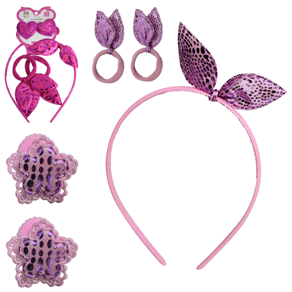 KIT ACESSORIOS PARA CABELO COM TIARA E ELASTICO / RABICO COM 5 PECAS