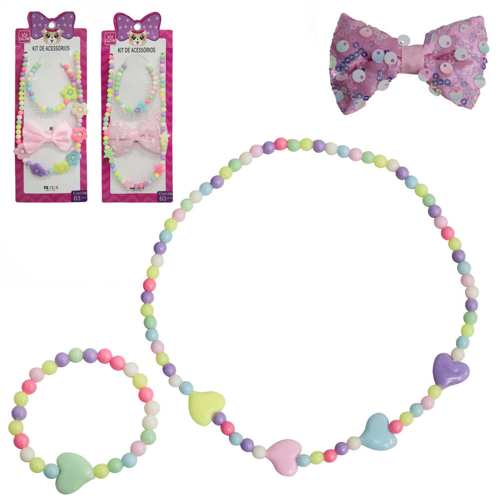 KIT BELEZA / BIJUTERIA INFANTIL COM COLAR + PULSEIRA E PRESILHA